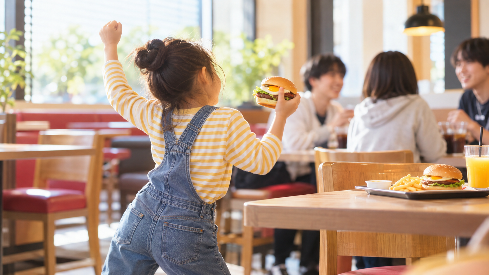 家族向けレストランでバーガーを手に喜ぶ子どものイメージ